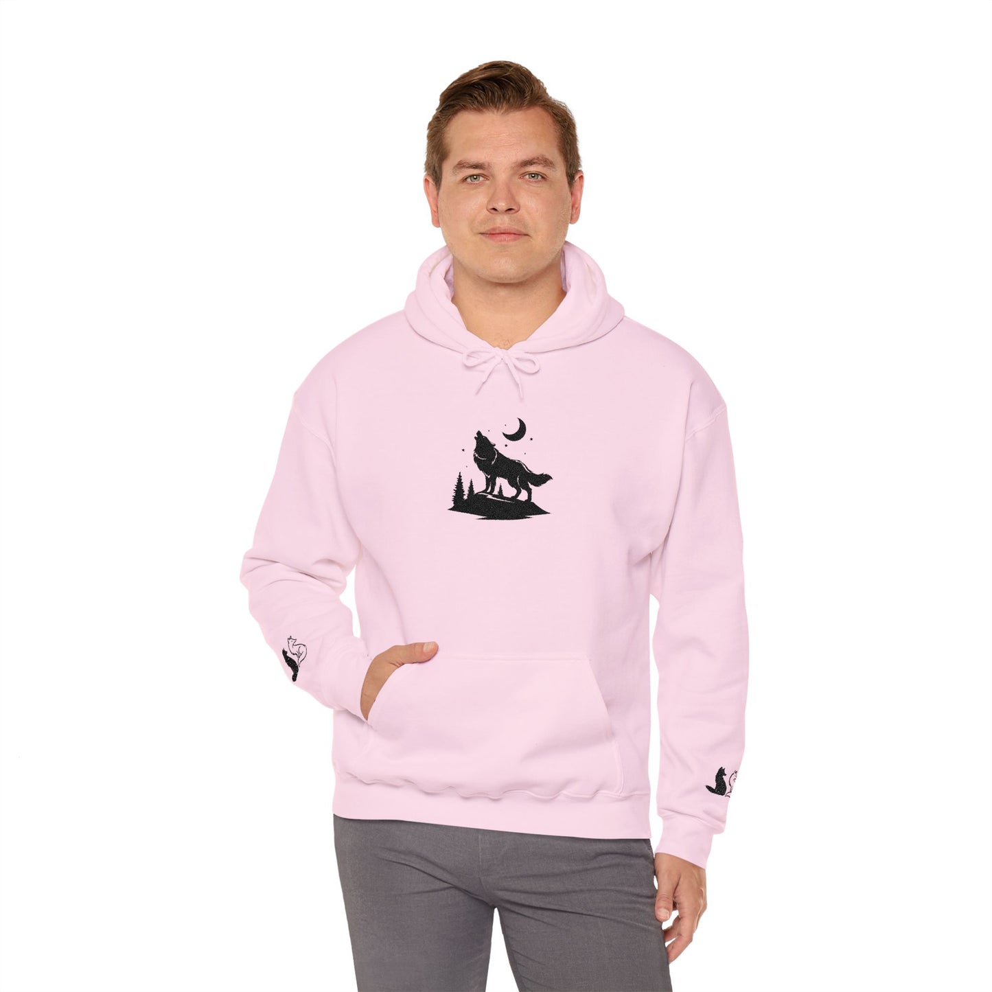 Embroidered Wolf & Moon Hoodie — Howling Wolf Silhouette
