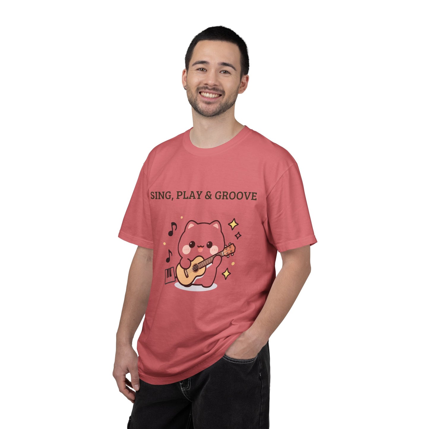 Cute Cat Playing Guitar T-Shirt — "Sing, Play & Groove" Graphic Tee