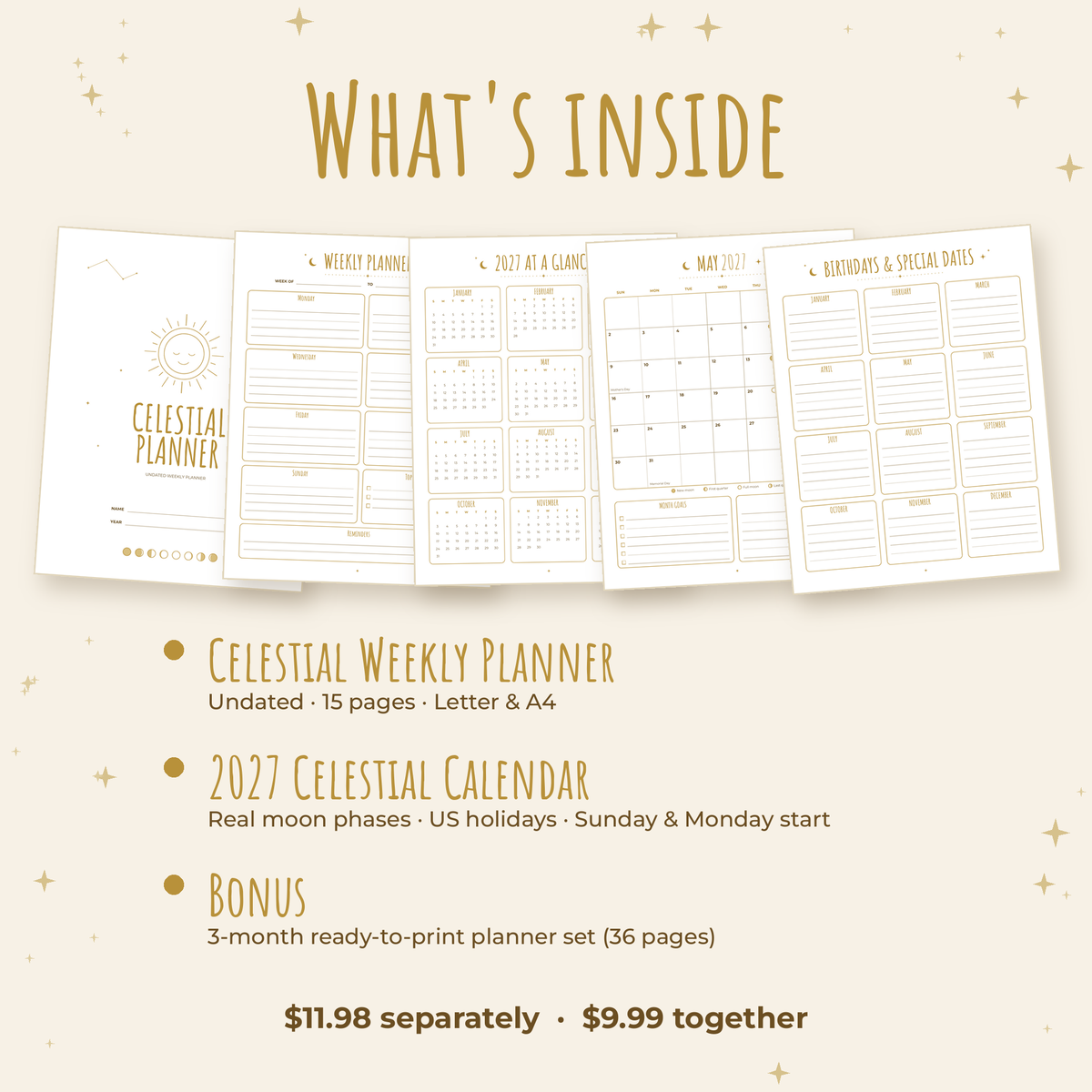 What's inside the Celestial bundle: weekly planner and 2027 moon phase calendar