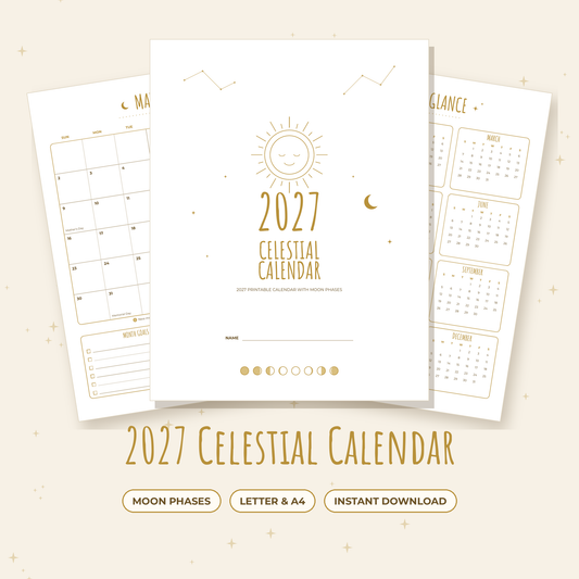 2027 Celestial Calendar – Printable Monthly Calendar with Moon Phases (Letter & A4)