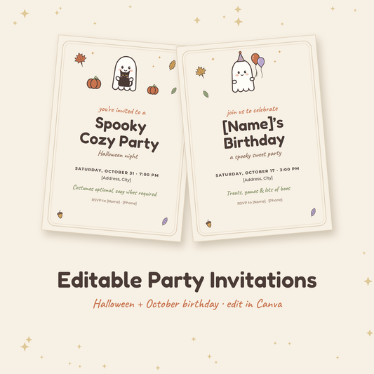 Editable cute ghost Halloween and birthday invitations