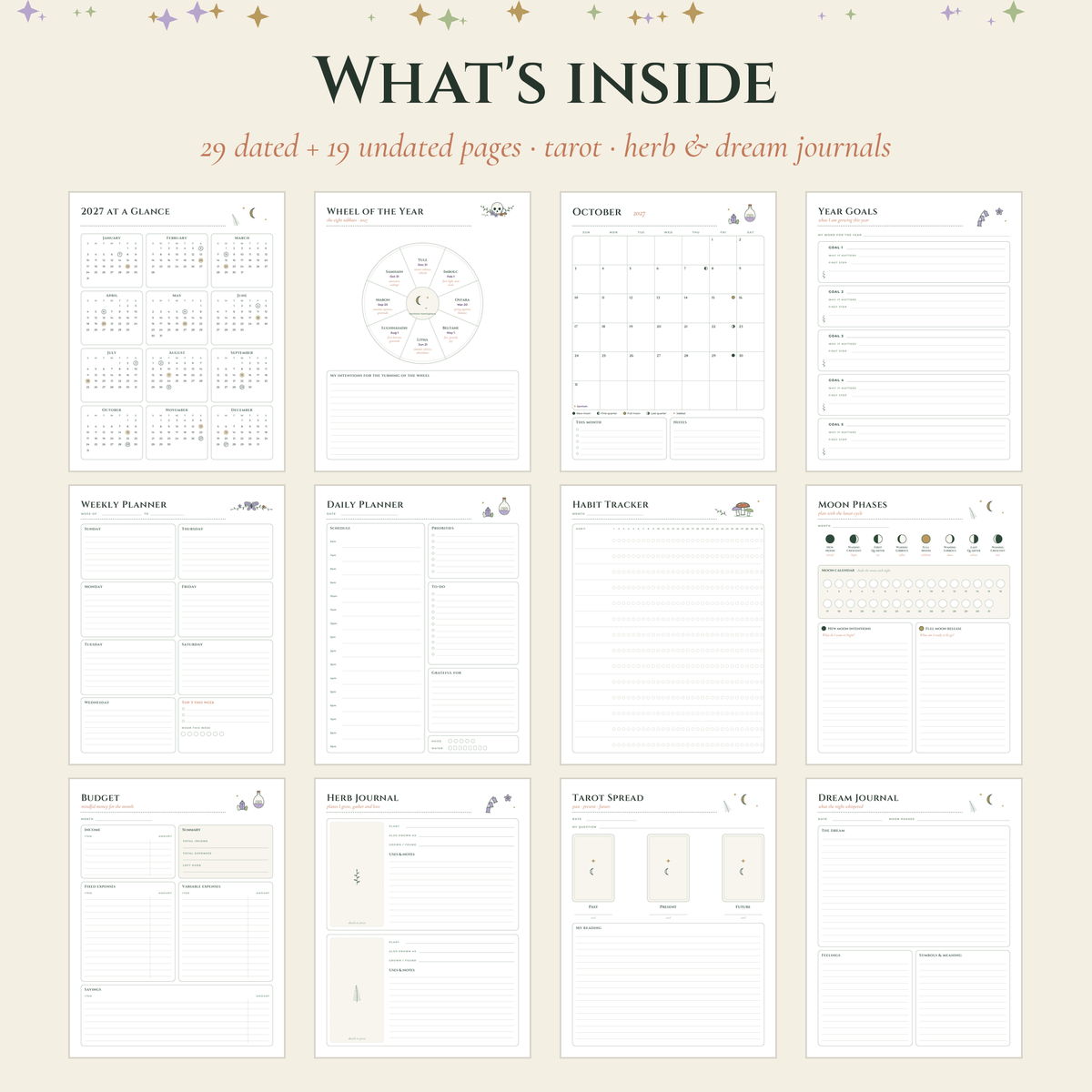 Pages inside the Midnight Garden planner