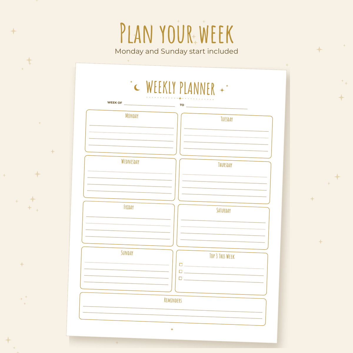 Celestial Weekly Planner – Undated Printable (Letter & A4)