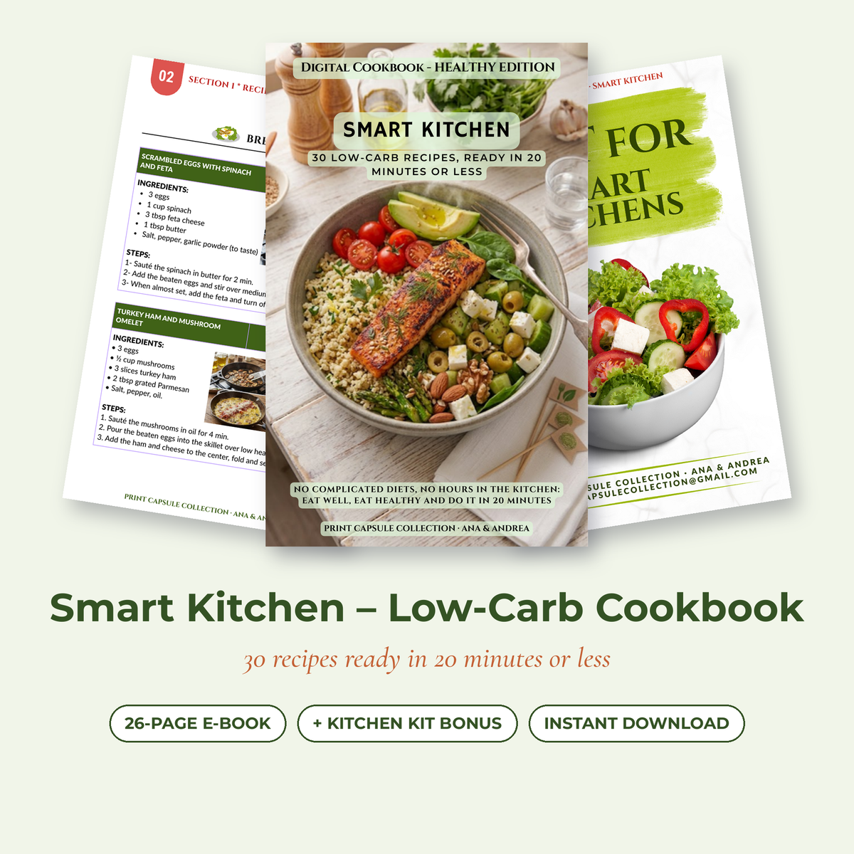 Smart Kitchen low-carb cookbook e-book cover with kitchen kit bonus pages