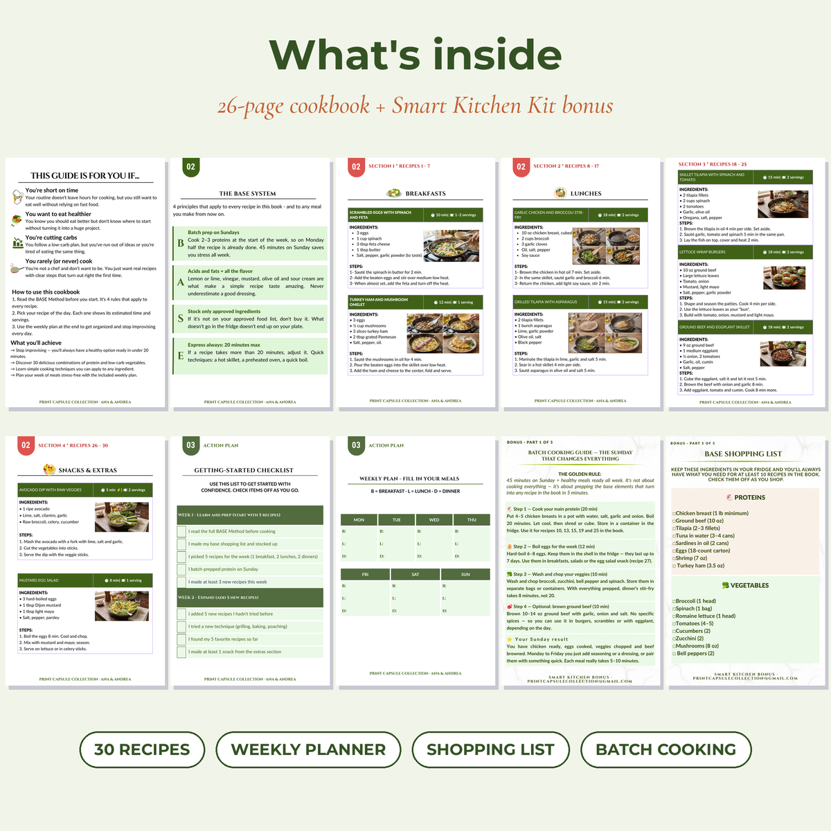 Inside pages of the Smart Kitchen e-book: recipes, weekly planner, shopping list and batch cooking guide